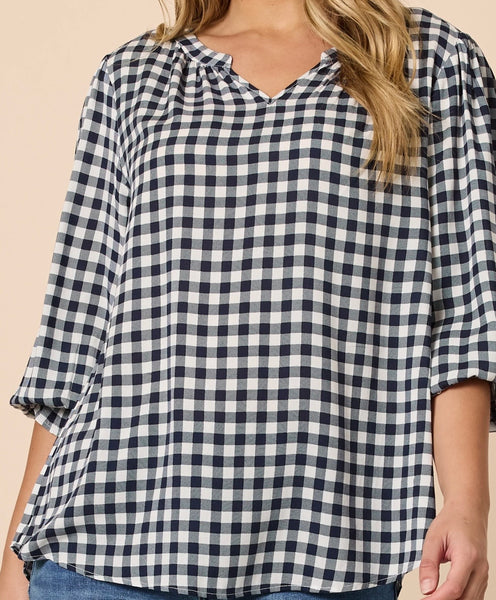 Threadz Gingham Check Print Top Navy/Ivory 48937