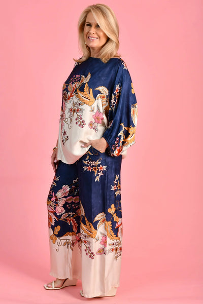 La Sofia Lisa Silk Pant Navy Floral VLSP640