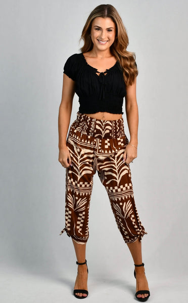 Go Girl 3/4 Rouched Tie Pants Tribal Artisan Brown VGLP051