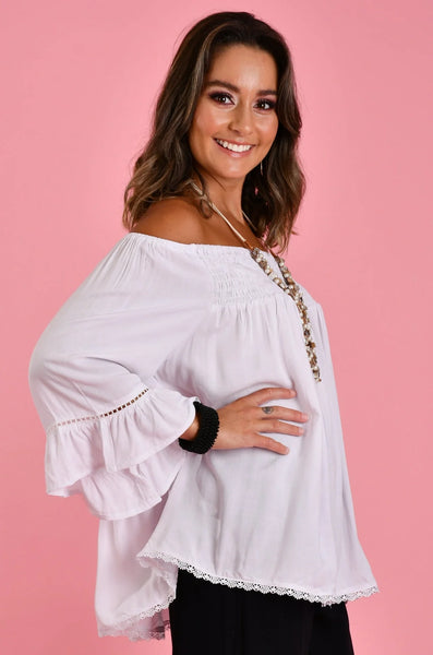 Bodacious Rouched Bell Sleeve Top White VBLT113
