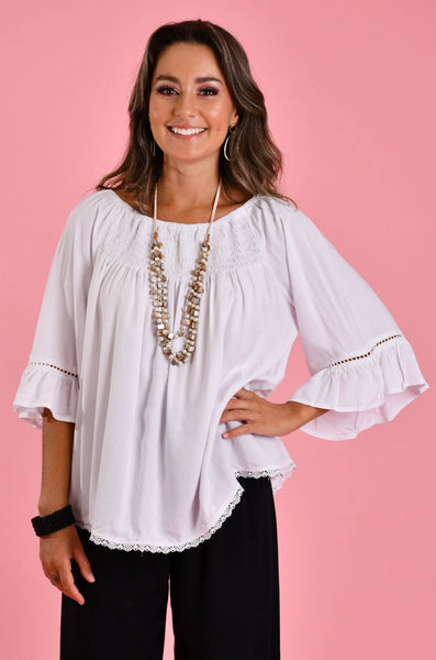 Bodacious Rouched Bell Sleeve Top White VBLT113