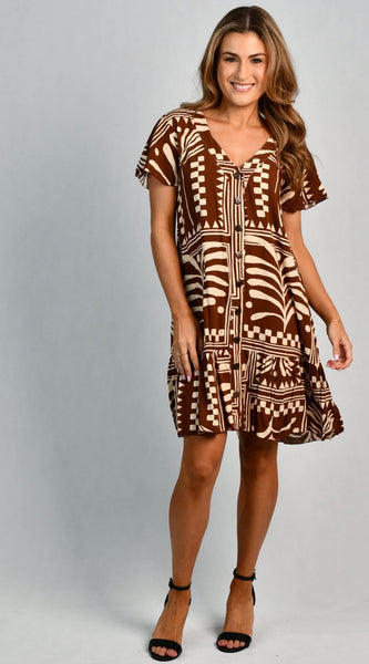 Go Girl Cap Sleeve Button Dress Tribal Artisan Brown VGLD219