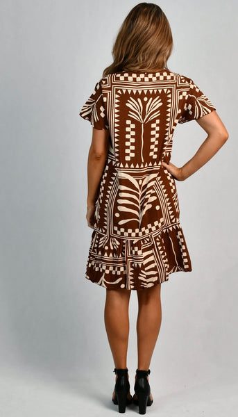 Go Girl Cap Sleeve Button Dress Tribal Artisan Brown VGLD219