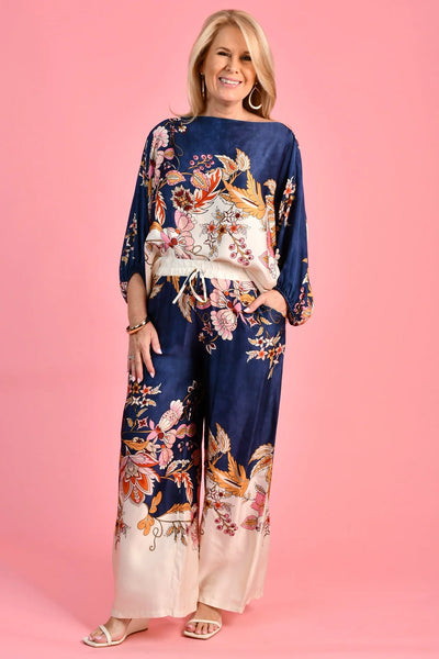 La Sofia Lisa Silk Pant Navy Floral VLSP640