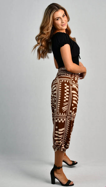 Go Girl 3/4 Rouched Tie Pants Tribal Artisan Brown VGLP051