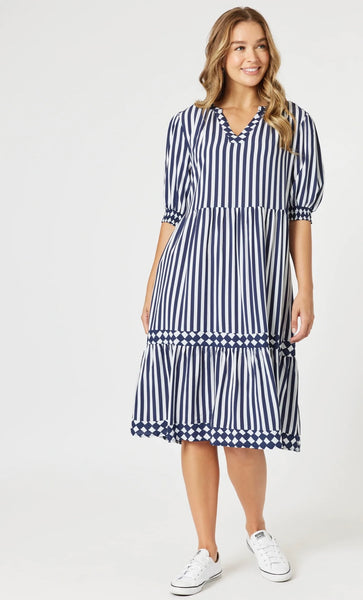 Threadz Harlequin Stripe Tier Dress Navy/White 48274