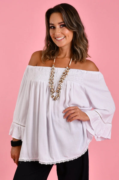 Bodacious Rouched Bell Sleeve Top White VBLT113