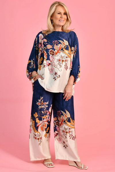 La Sofia Lisa Silk Pant Navy Floral VLSP640