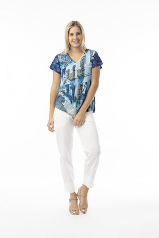 Orientique V Neck Contemporary Tower Blue T-Shirt 23098
