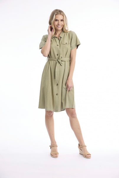 Orientique Linen Blend Button Through Khaki Dress 61068