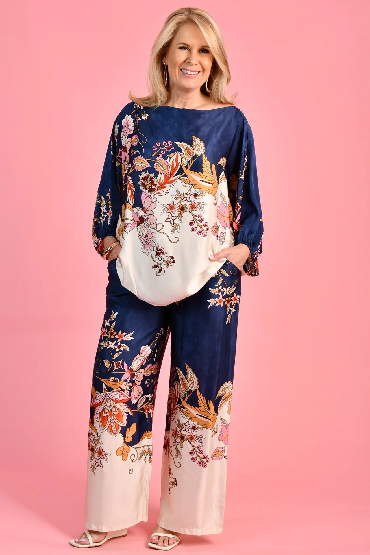 La Sofia Lisa Silk Pant Navy Floral VLSP640