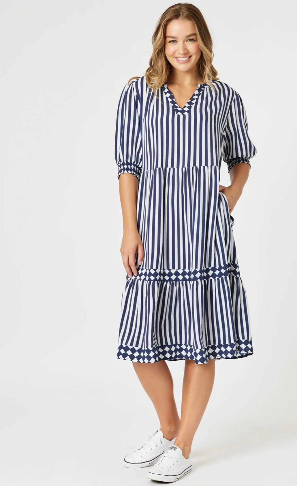 Threadz Harlequin Stripe Tier Dress Navy/White 48274