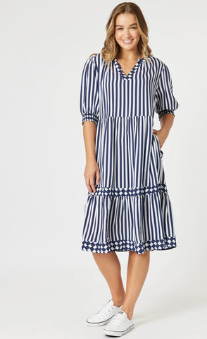 Threadz Harlequin Stripe Tier Dress Navy/White 48274