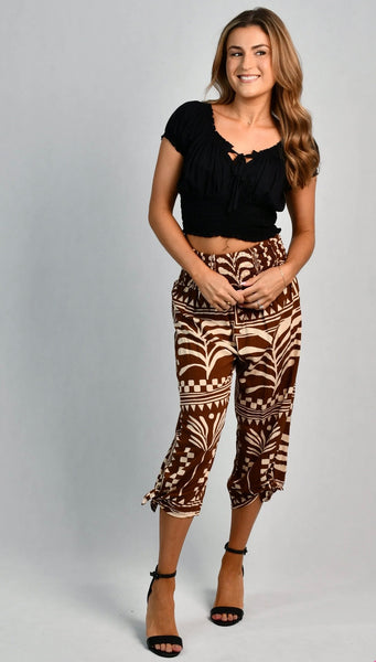 Go Girl 3/4 Rouched Tie Pants Tribal Artisan Brown VGLP051