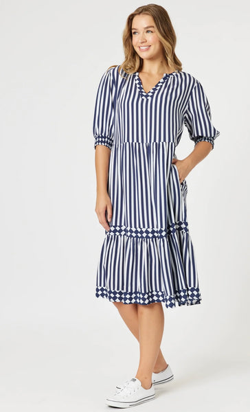 Threadz Harlequin Stripe Tier Dress Navy/White 48274