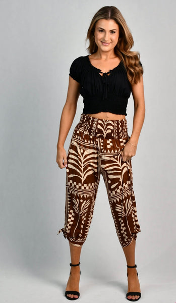 Go Girl 3/4 Rouched Tie Pants Tribal Artisan Brown VGLP051