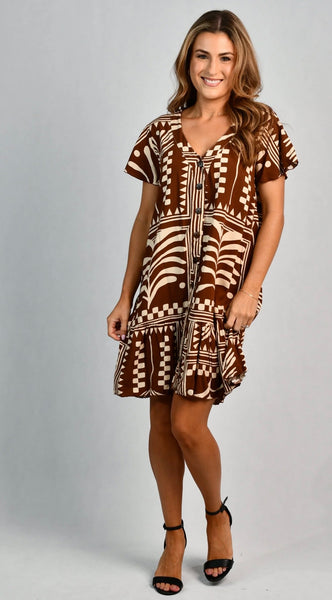 Go Girl Cap Sleeve Button Dress Tribal Artisan Brown VGLD219