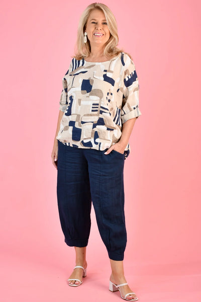 La Sofia Vino Linen Top Geometric Ivory VLST992