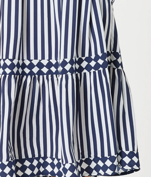 Threadz Harlequin Stripe Tier Dress Navy/White 48274