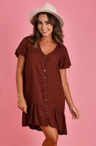 Go Girl Cap Sleeve Button Dress Chocolate VGLD219