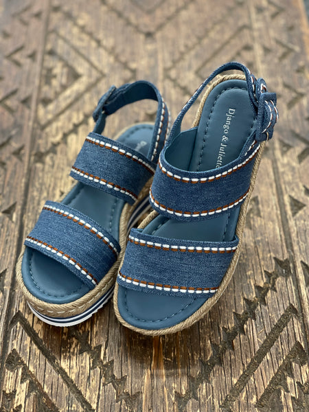 Django & Juliette Apples Denim Embroidered Wedge