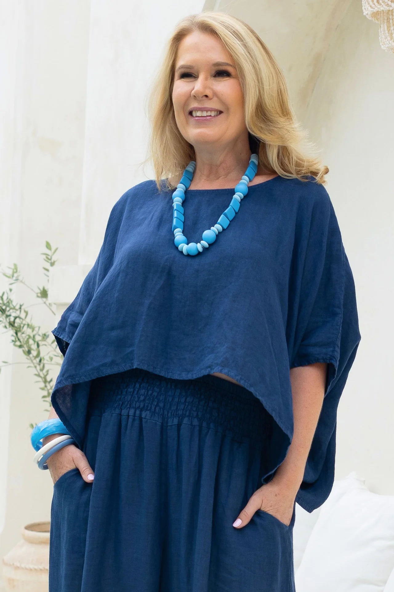 La Sofia Amalfi Linen Top Navy VLST020