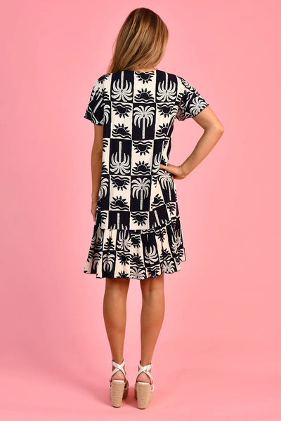 Go Girl Cap Sleeve Button Dress Palm Horizon Black VGLD219