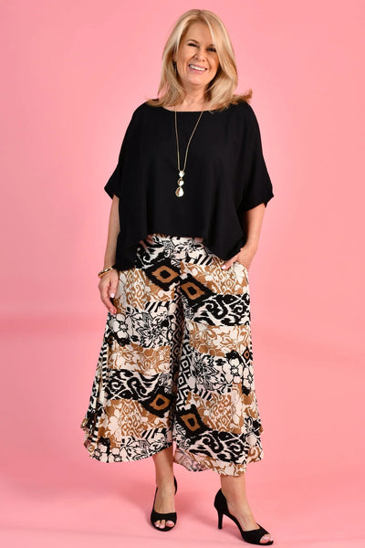 Bodacious Sydney Wide Leg Pant Abstract Hibiscus Black/Gold VBLP106