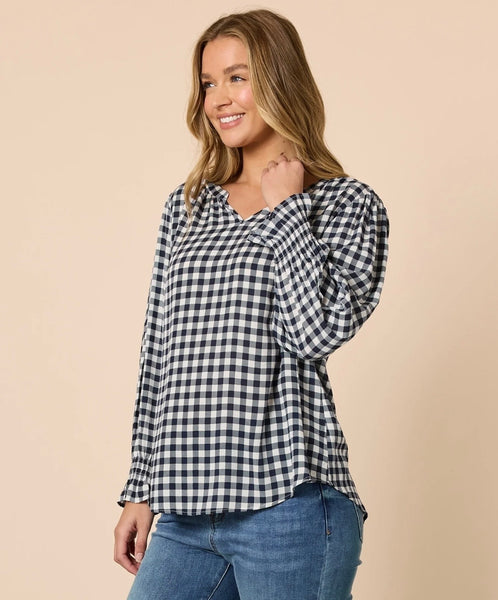 Threadz Gingham Check Print Top Navy/Ivory 48937