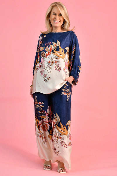 La Sofia Lisa Silk Pant Navy Floral VLSP640