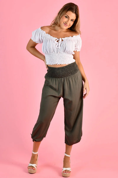 Go Girl 3/4 Rouched Tie Pants Grey/Olive VGLP051