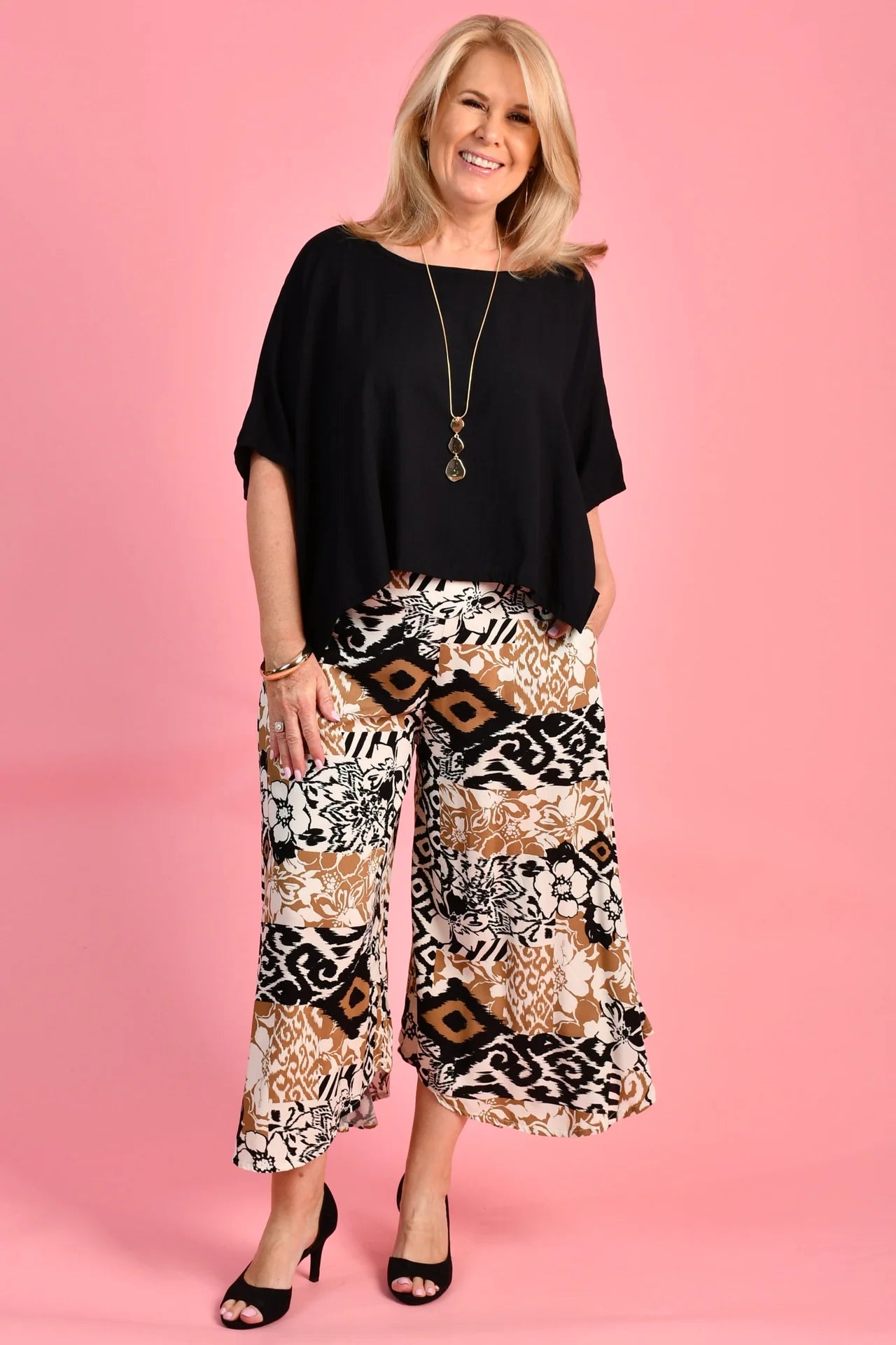 Bodacious Sydney Wide Leg Pant Abstract Hibiscus Black/Gold VBLP106