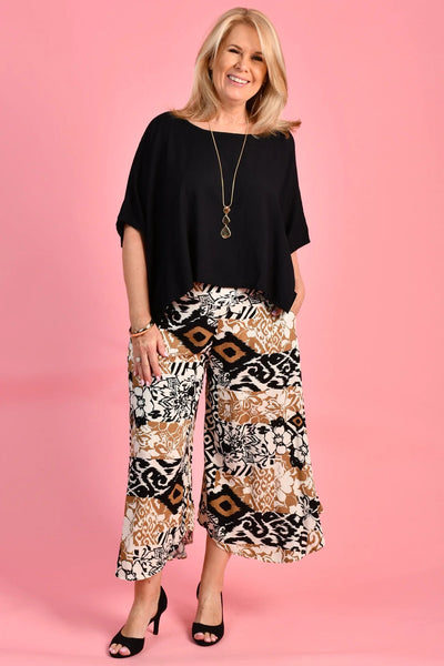 Bodacious Sydney Wide Leg Pant Abstract Hibiscus Black/Gold VBLP106