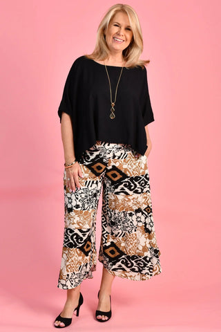 Bodacious Sydney Wide Leg Pant Abstract Hibiscus Black/Gold VBLP106
