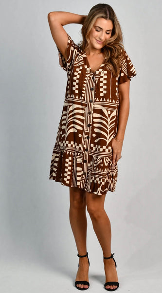 Go Girl Cap Sleeve Button Dress Tribal Artisan Brown VGLD219
