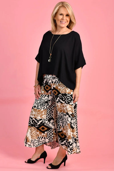 Bodacious Sydney Wide Leg Pant Abstract Hibiscus Black/Gold VBLP106