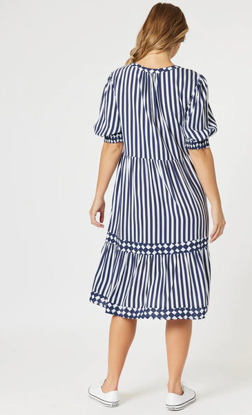 Threadz Harlequin Stripe Tier Dress Navy/White 48274